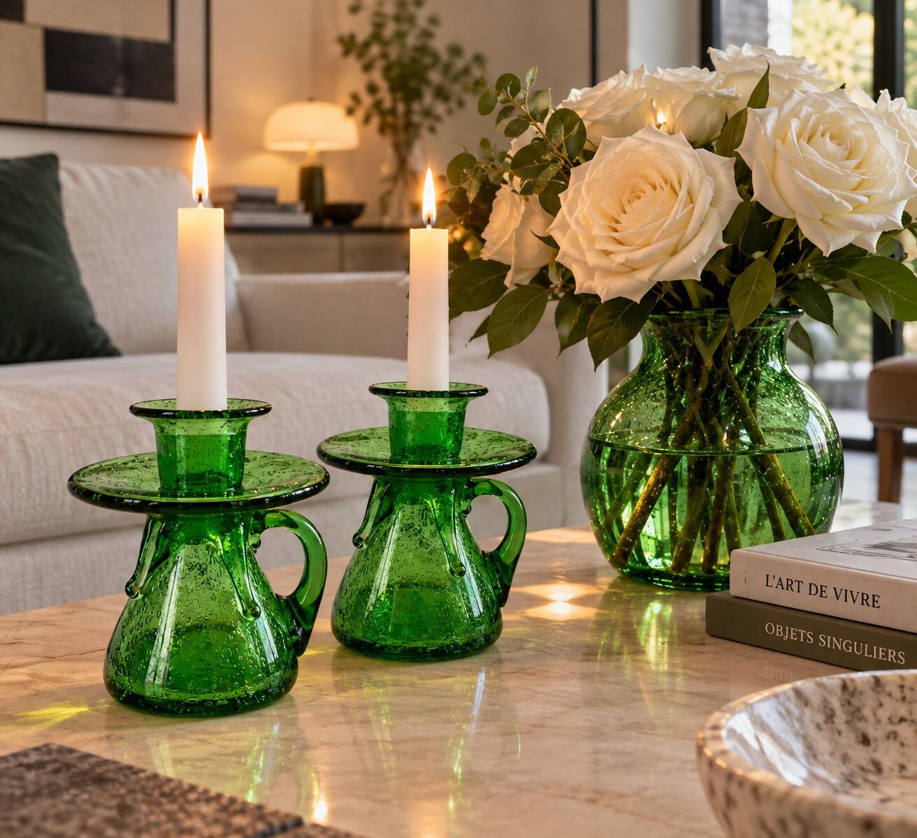 Duo de bougeoirs en verre bullé vert – Verrerie de Biot