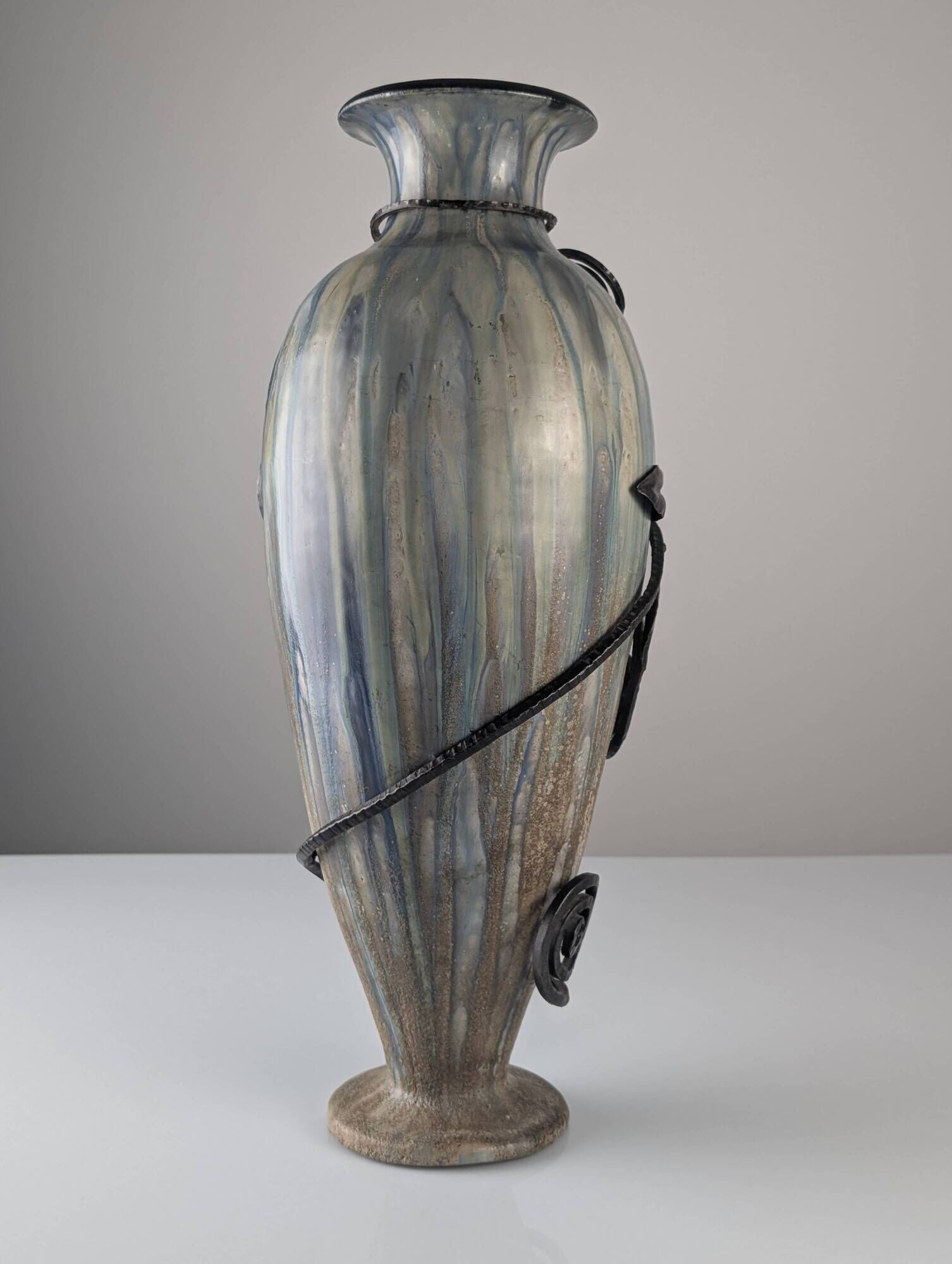 Roger Guérin Belgian Art Deco Stoneware & Wrought Iron Vase 1930s