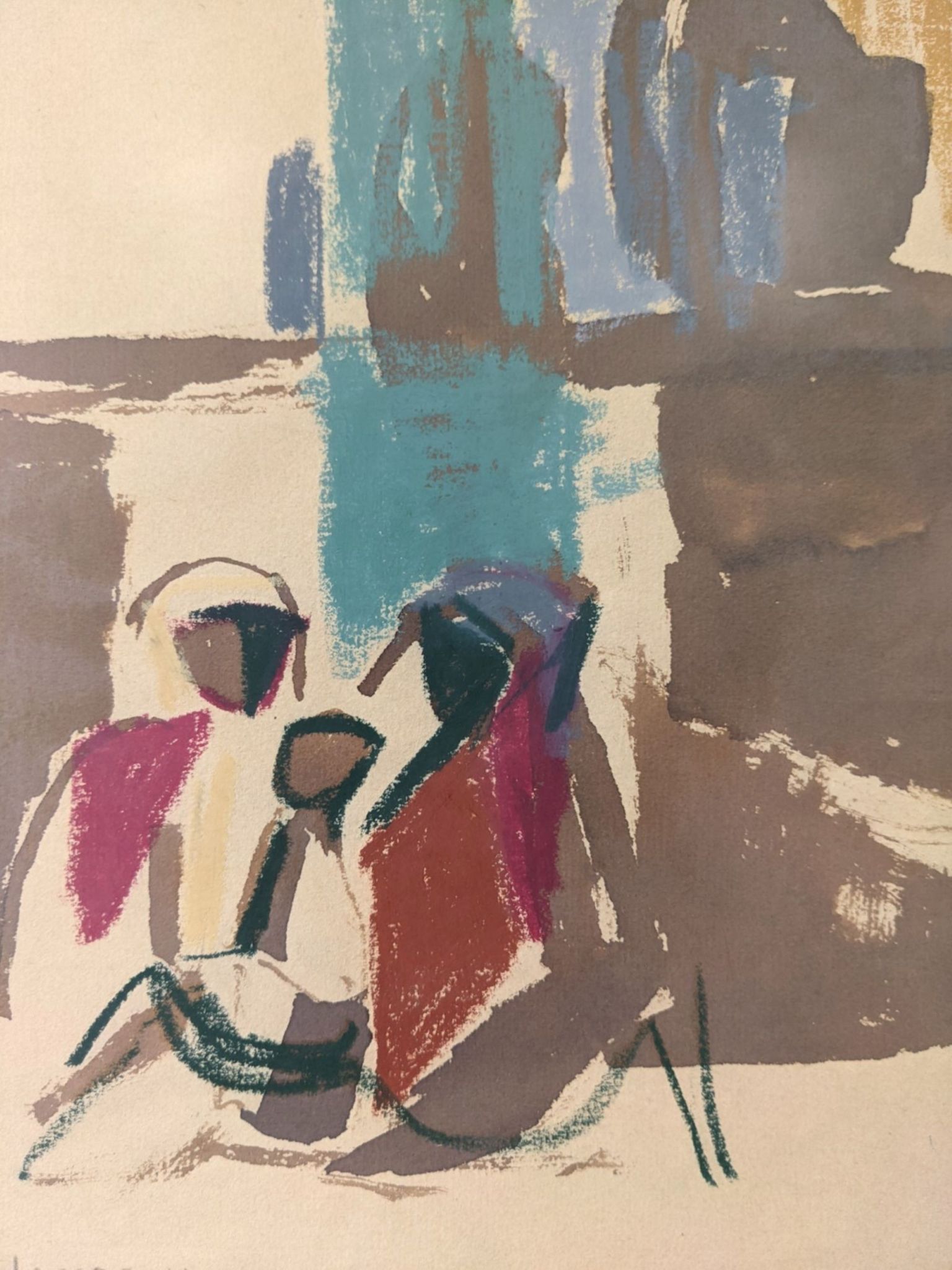 Mid-Century Modern Swedish "Seated Figures" Vintage Figurative Painting, Framed