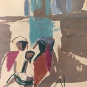 Mid-Century Modern Swedish "Seated Figures" Vintage Figurative Painting, Framed
