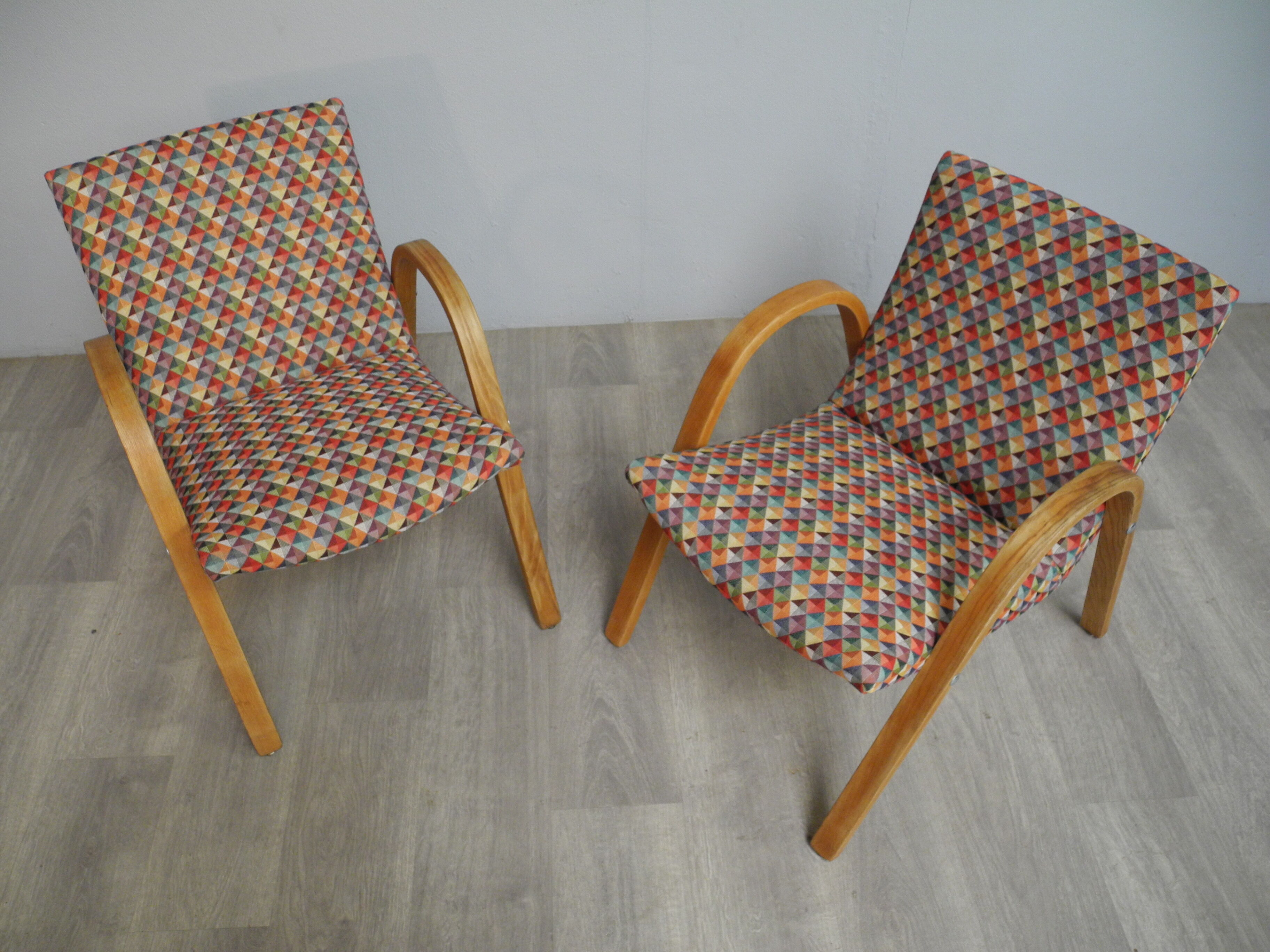 Pair of vintage wooden armchairs and harlequin fabric year 70