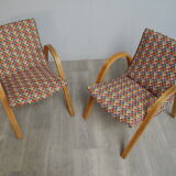 Pair of vintage wooden armchairs and harlequin fabric year 70