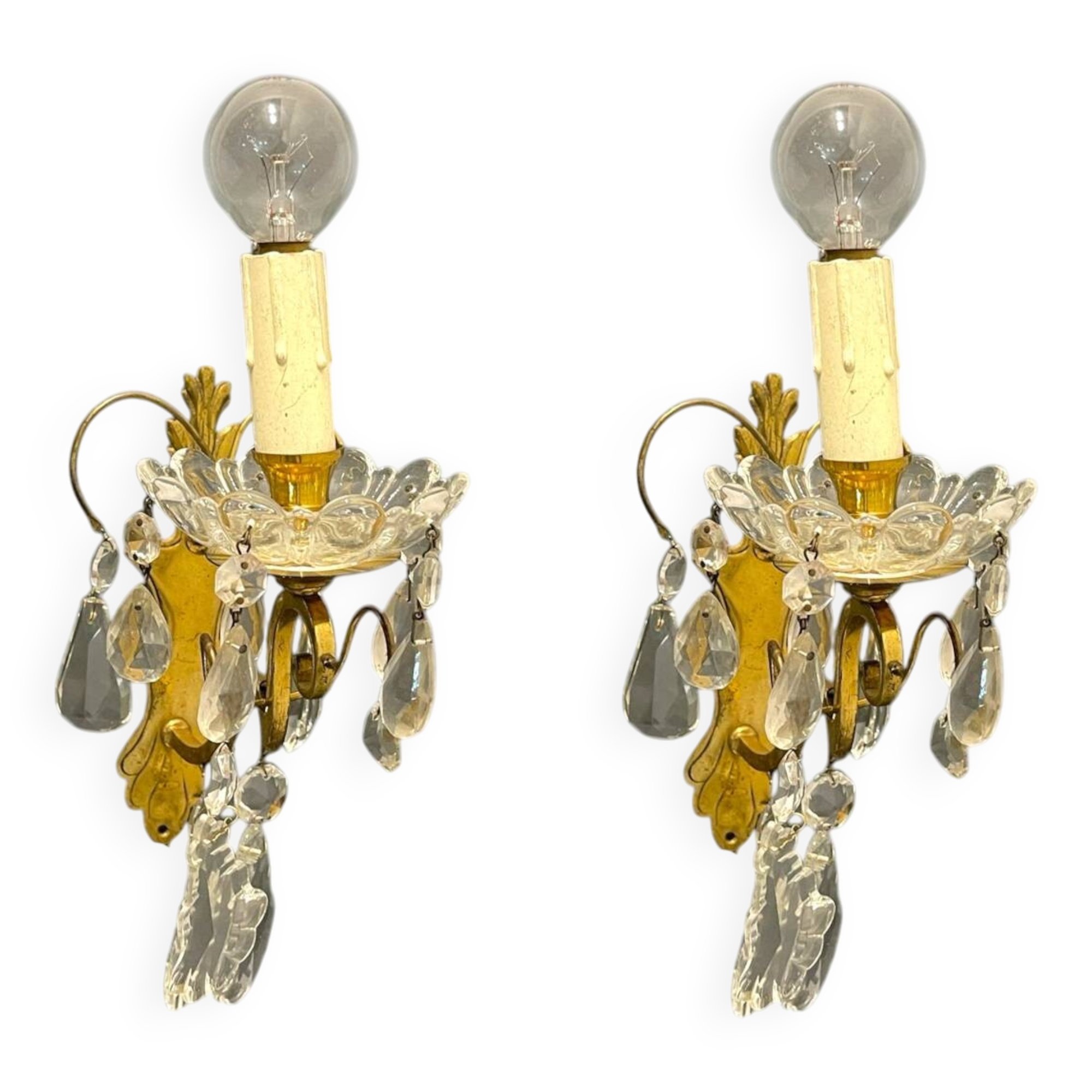 Brass Crystal Sconces Set of 2 1950’s