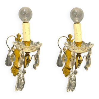 Lot de 2 appliques en laiton et cristal, années 1950