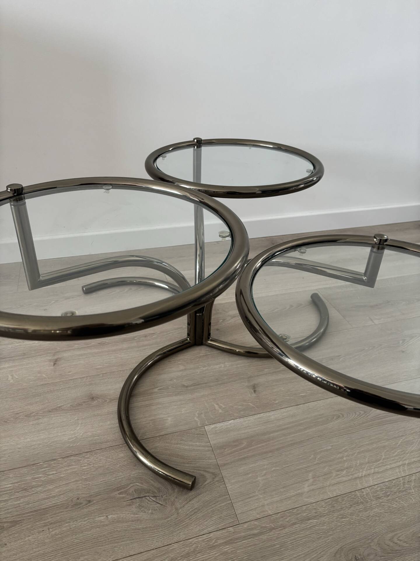 Table basse Morex attribuée à Milo Baughman années 70 3 plateaux
