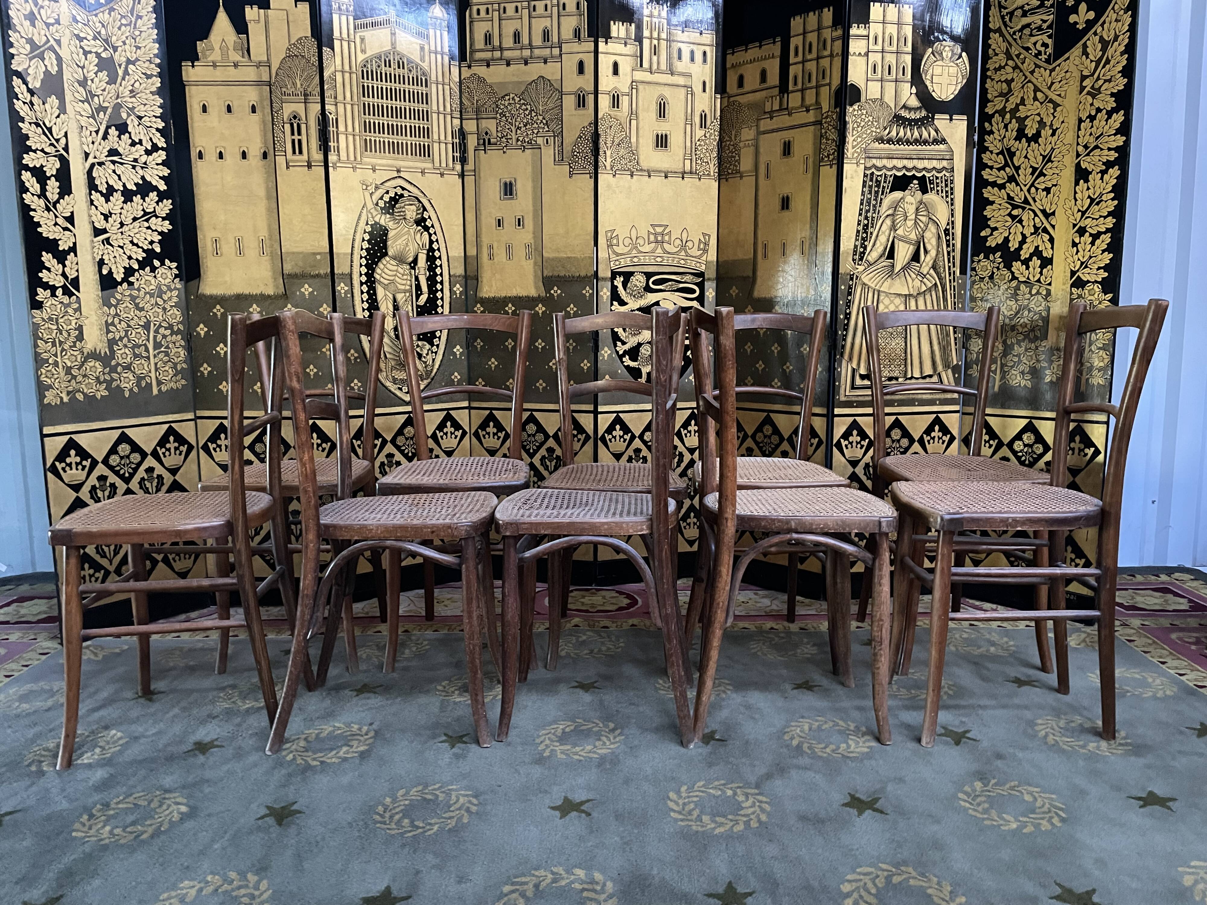 Suite of 10 bistro chairs in cannage