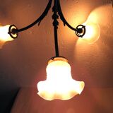 Three-spoke brass and glass chandelier