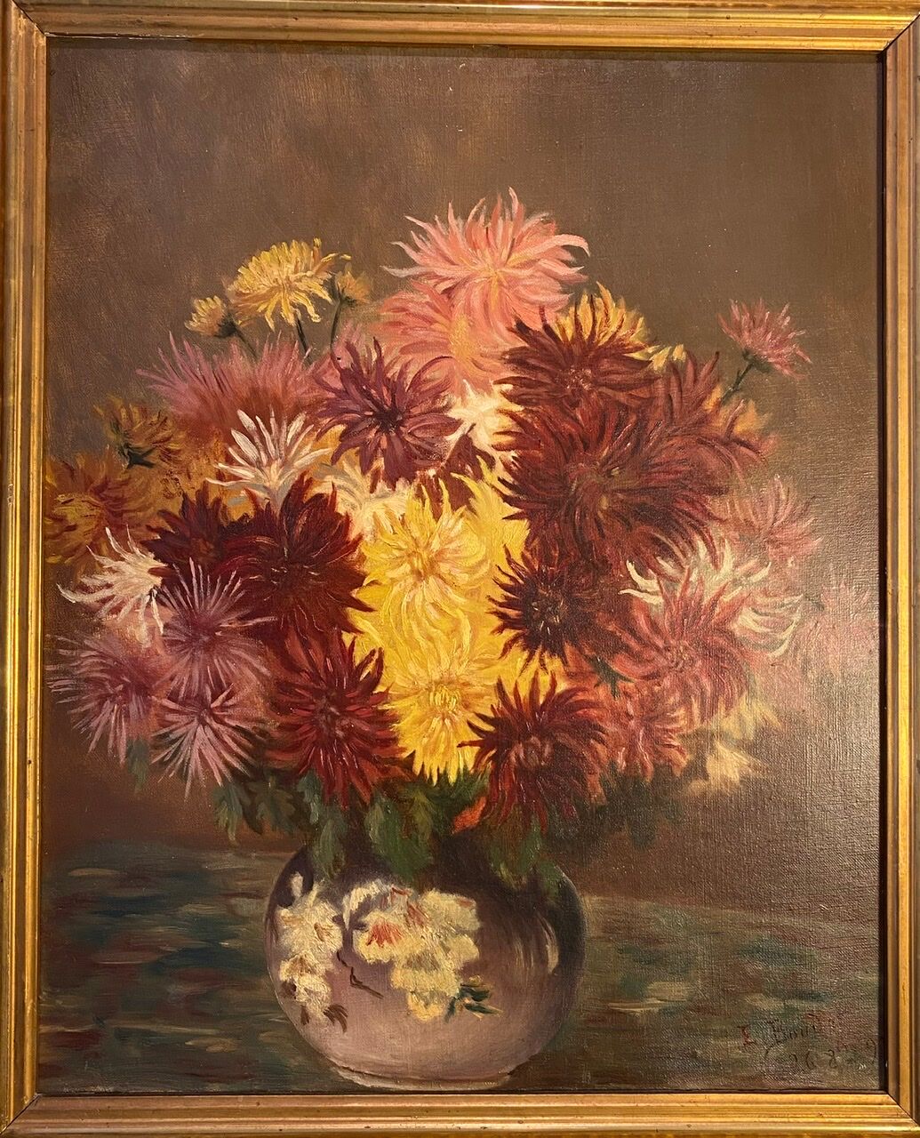 Old painting, still life with Dahlias, signed E Boudet late nineteenth century.
