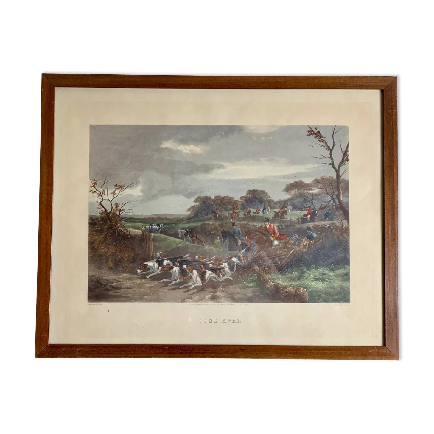 English engraving of hunting hound and hunting dog
