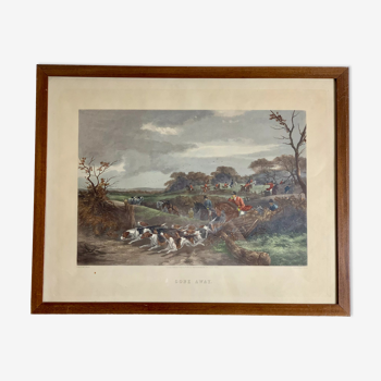 Gravure anglaise de chasse à courre et chien de chasse