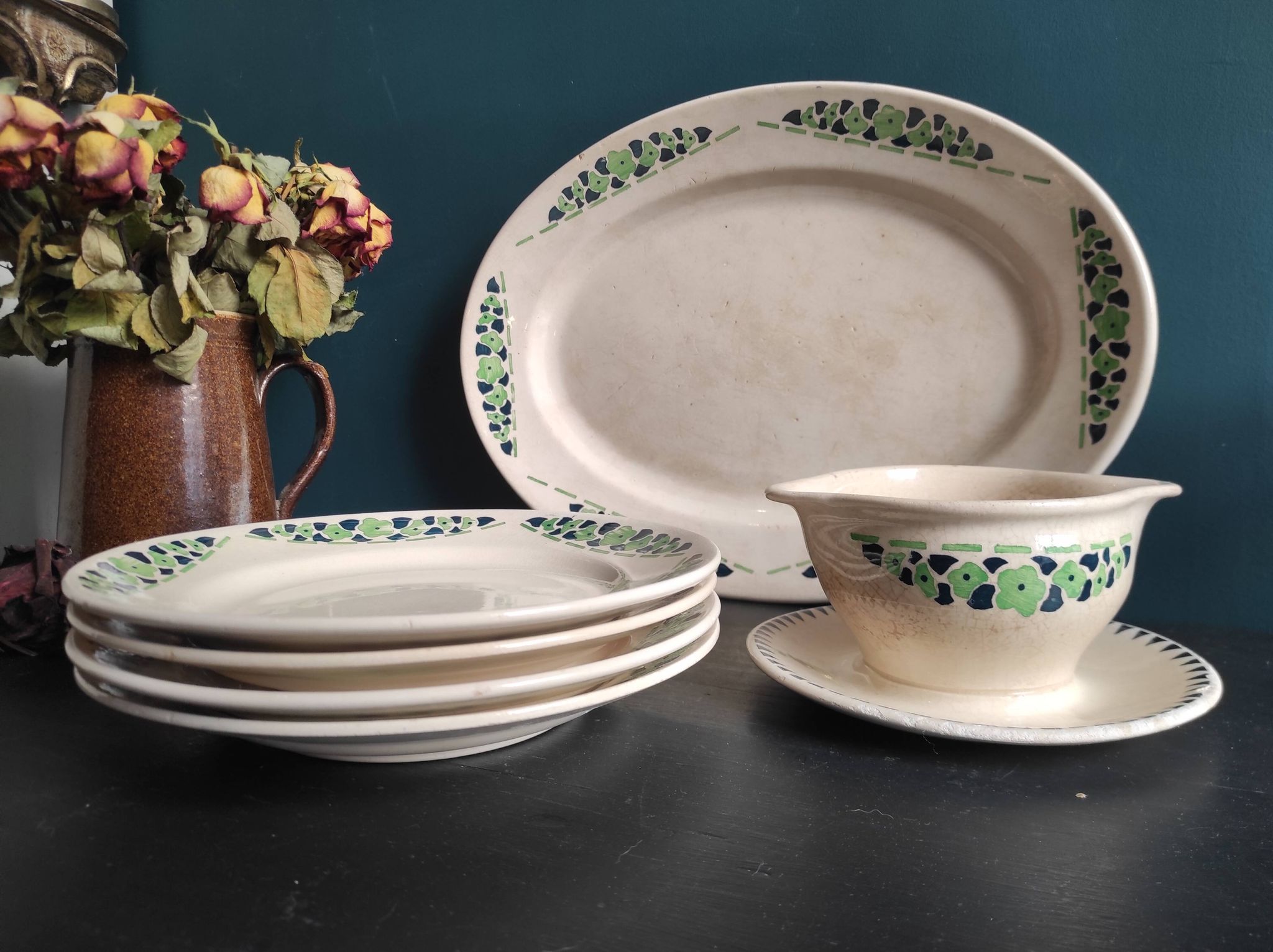 French vintage set of 4 plates, sauce boat and platter, from Longchamps, Cannes model