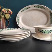 French vintage set of 4 plates, sauce boat and platter, from Longchamps, Cannes model