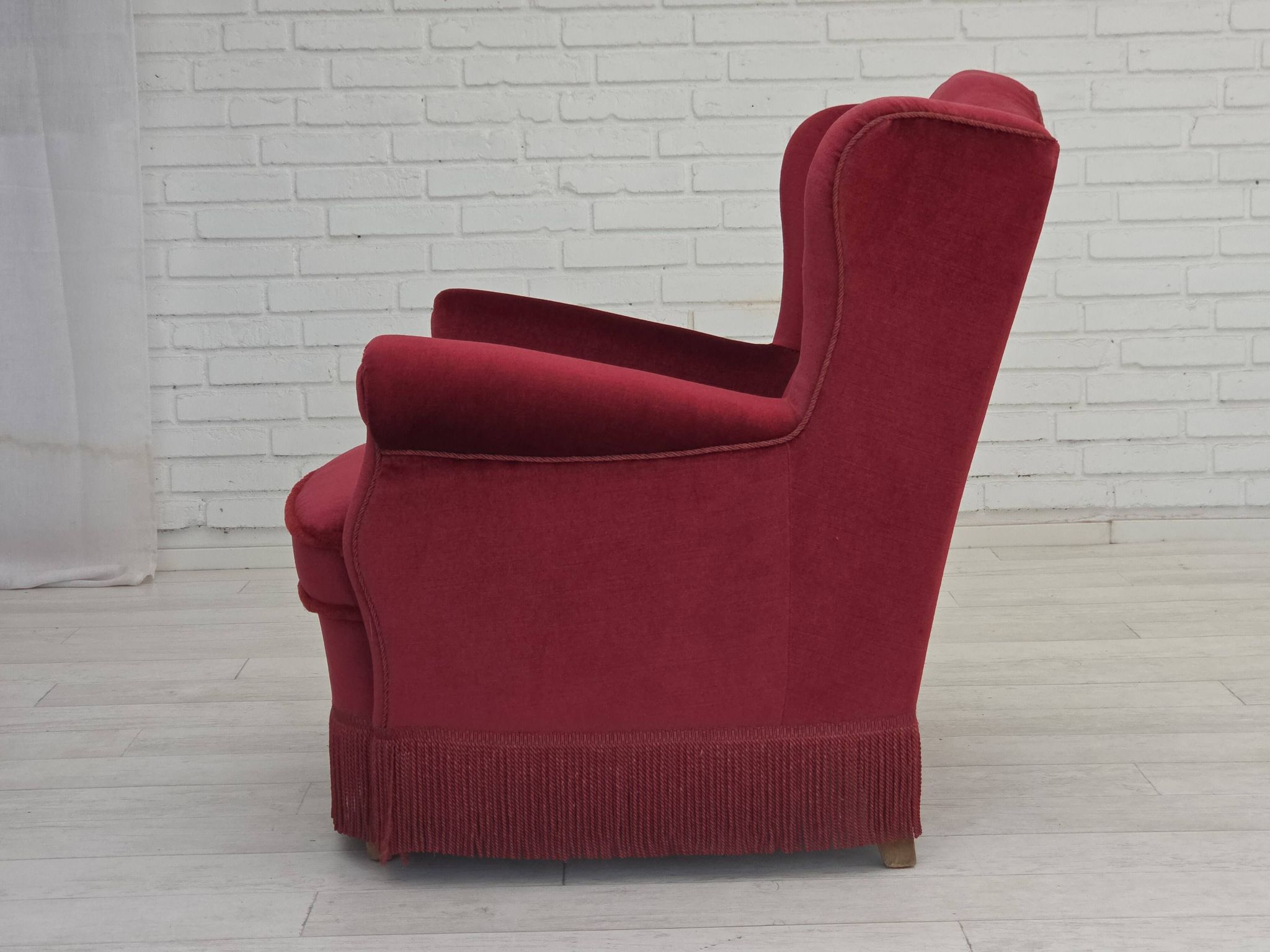 1960s, Danish armchair, red furniture velour, beech wood legs.