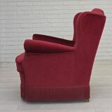 1960s, Danish armchair, red furniture velour, beech wood legs.