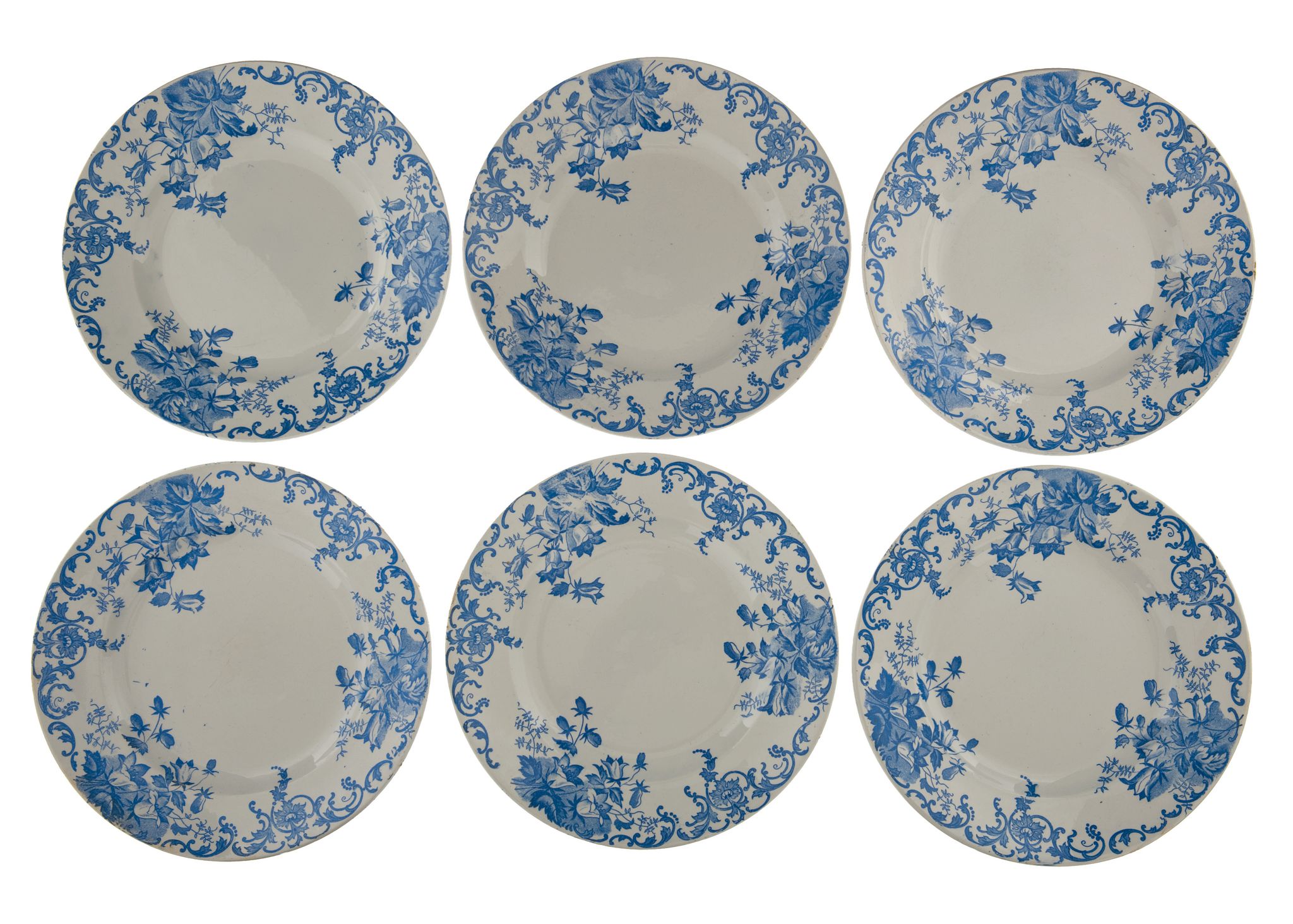 6 assiettes plates anciennes faïence de france décor floral bleu