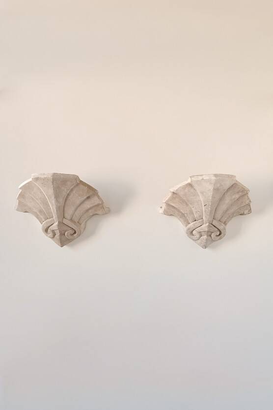 Pair of vintage geometric wall sconces in plaster, France, 1960.
