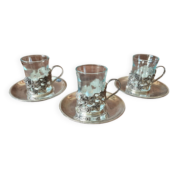Set of 3 small metal glasses and saucers