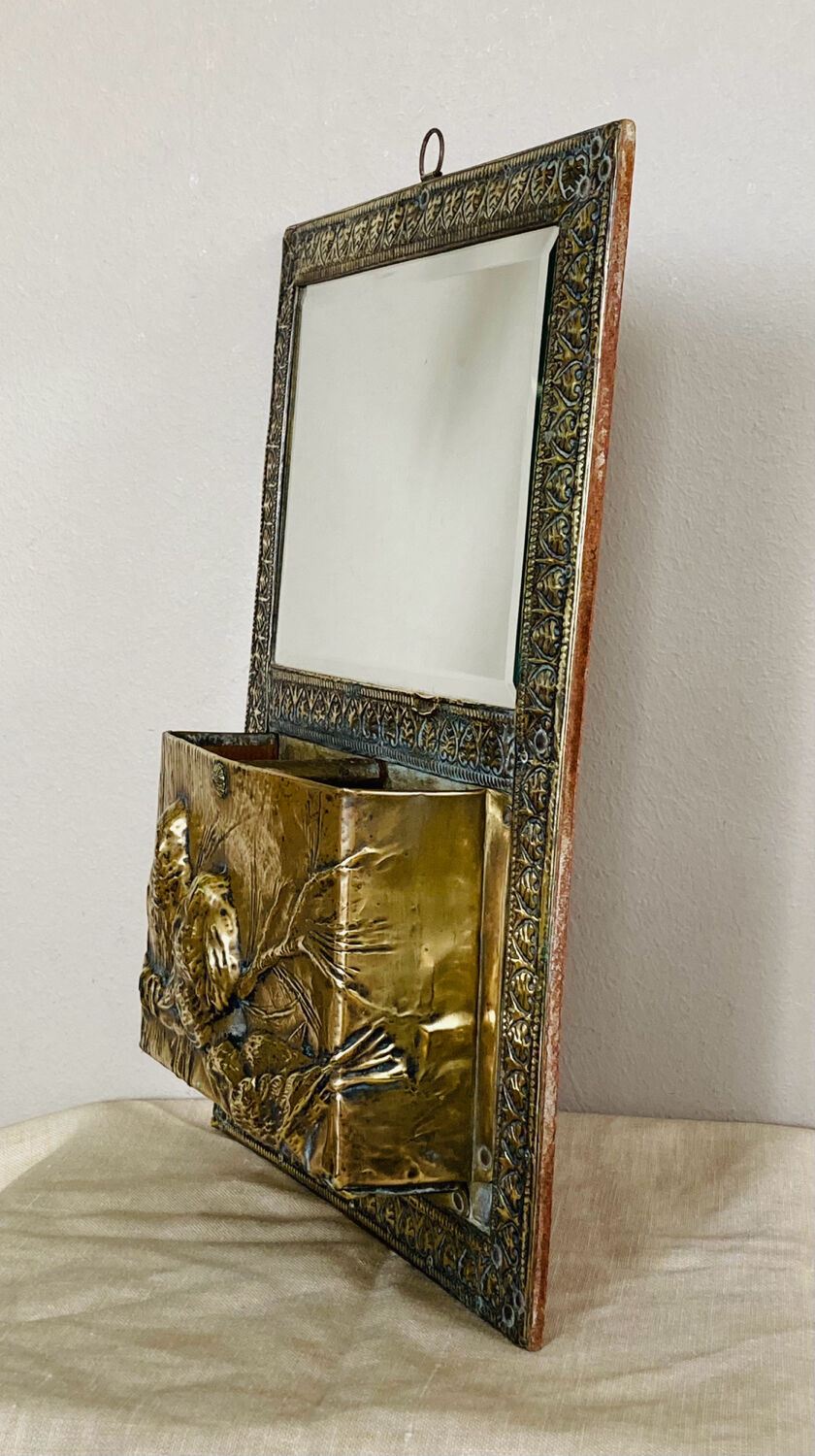Art Nouveau mail rack in brass repelled beveled mirror early twentieth century