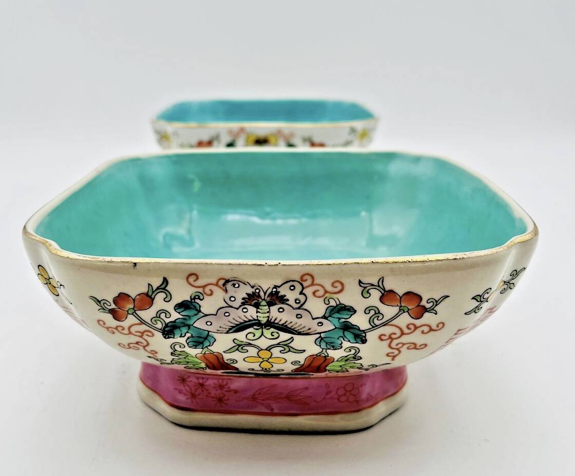 Pair of Chinese wedding bowls with blue floral pattern interior