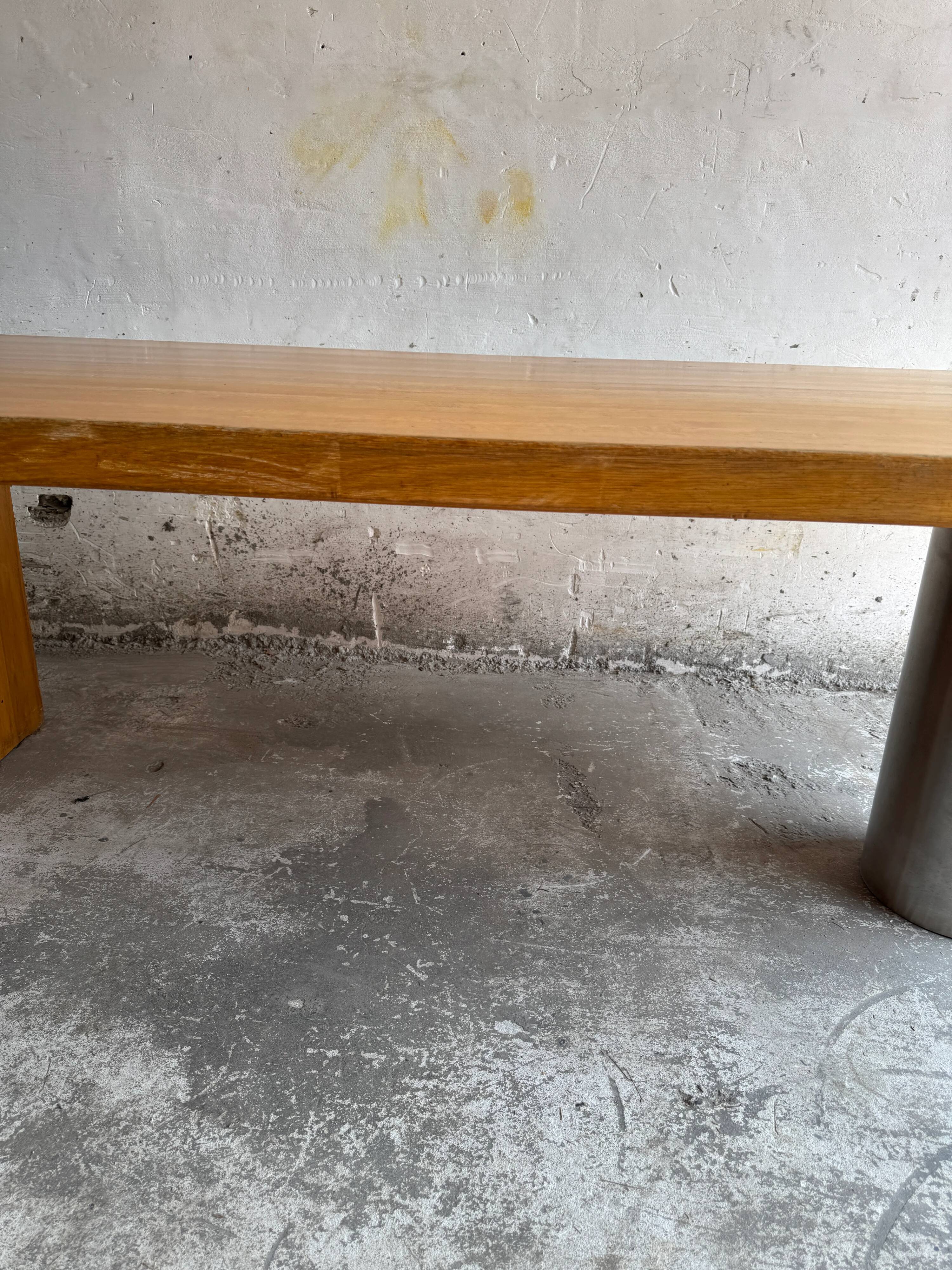 Geometric Brutalist Dining Table — Natural Wood Top with Metal Support, 1980s Architectural Design