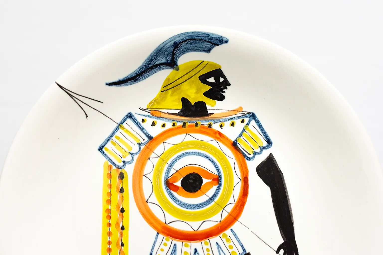 Ceramic plate by Roger Capron, Vallauris, ancient warrior - 1960s