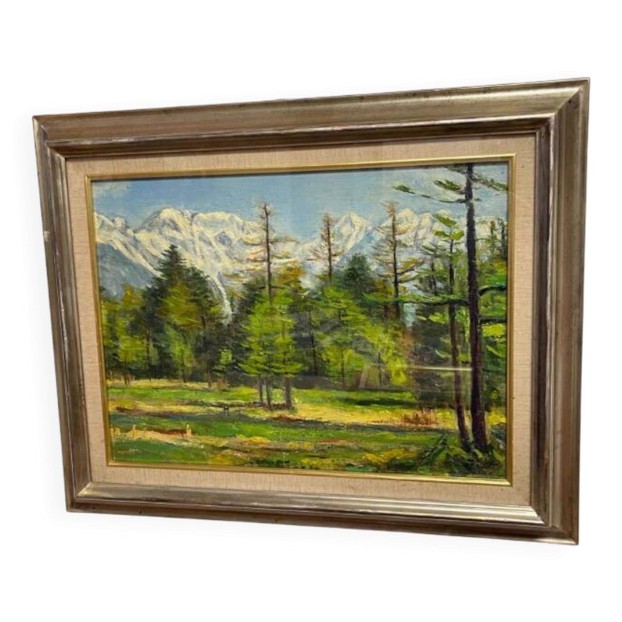 Snowy mountain landscape with pine trees, oil on canvas.