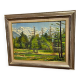 Paysage de montagne enneigée et de pins, huile sur toile