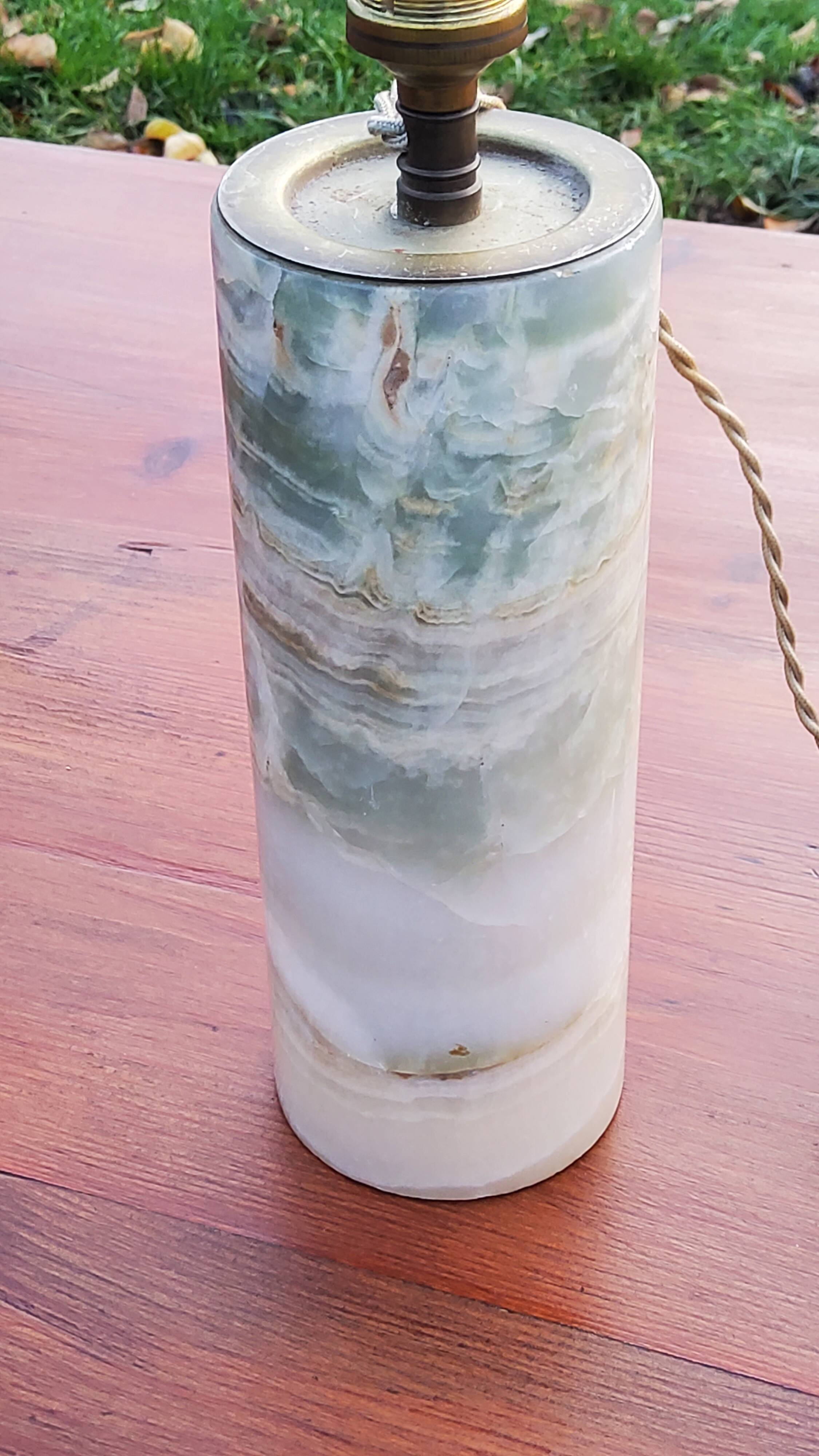 Designer lamp from the 70s in almond green onyx with original fabric shade