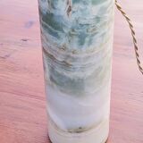 Designer lamp from the 70s in almond green onyx with original fabric shade
