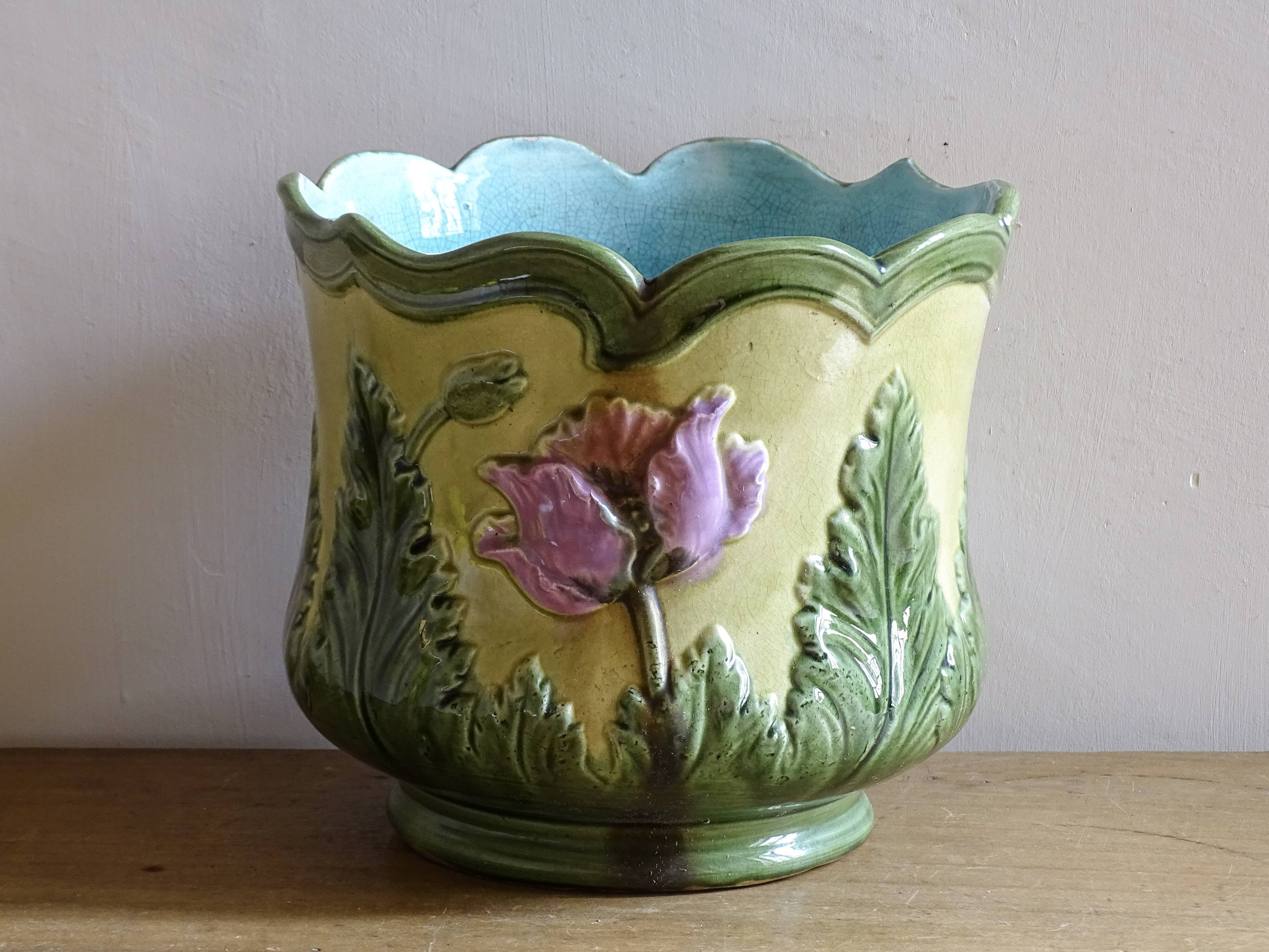 Antique Ceramic Cache Pot with Poppies, Art Nouveau Planter