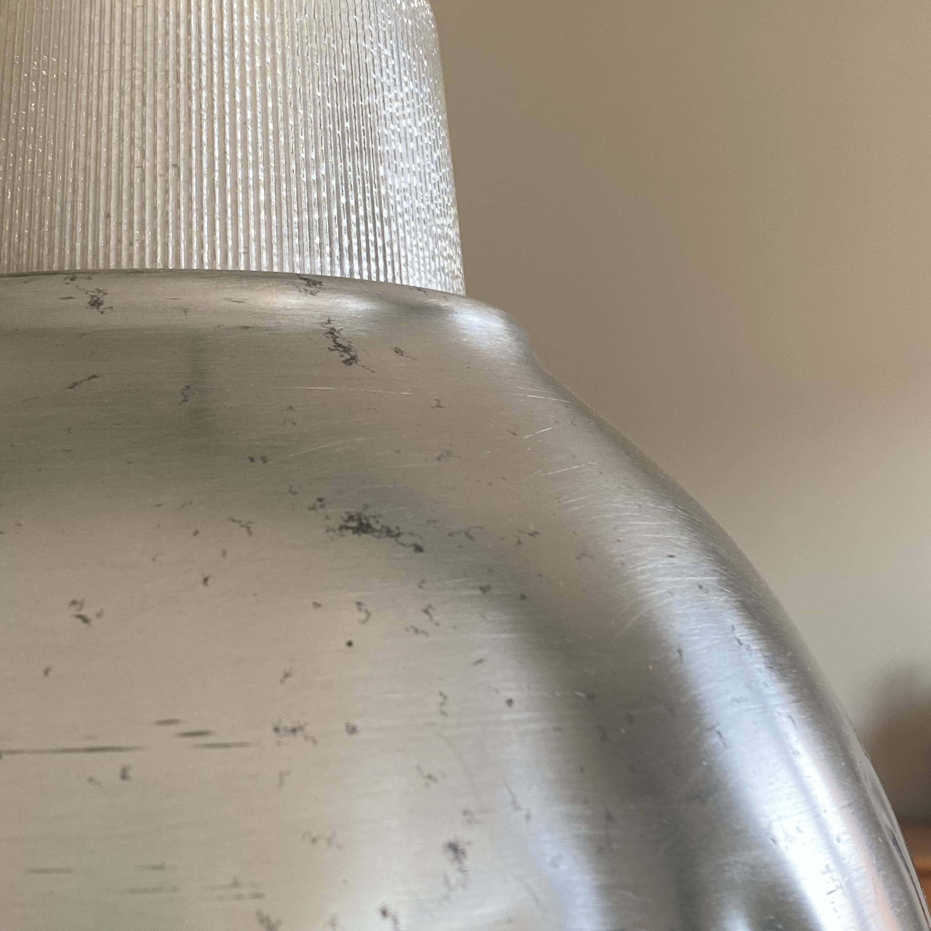 Industrial ceiling pendant light in aluminum and holophane-type glass