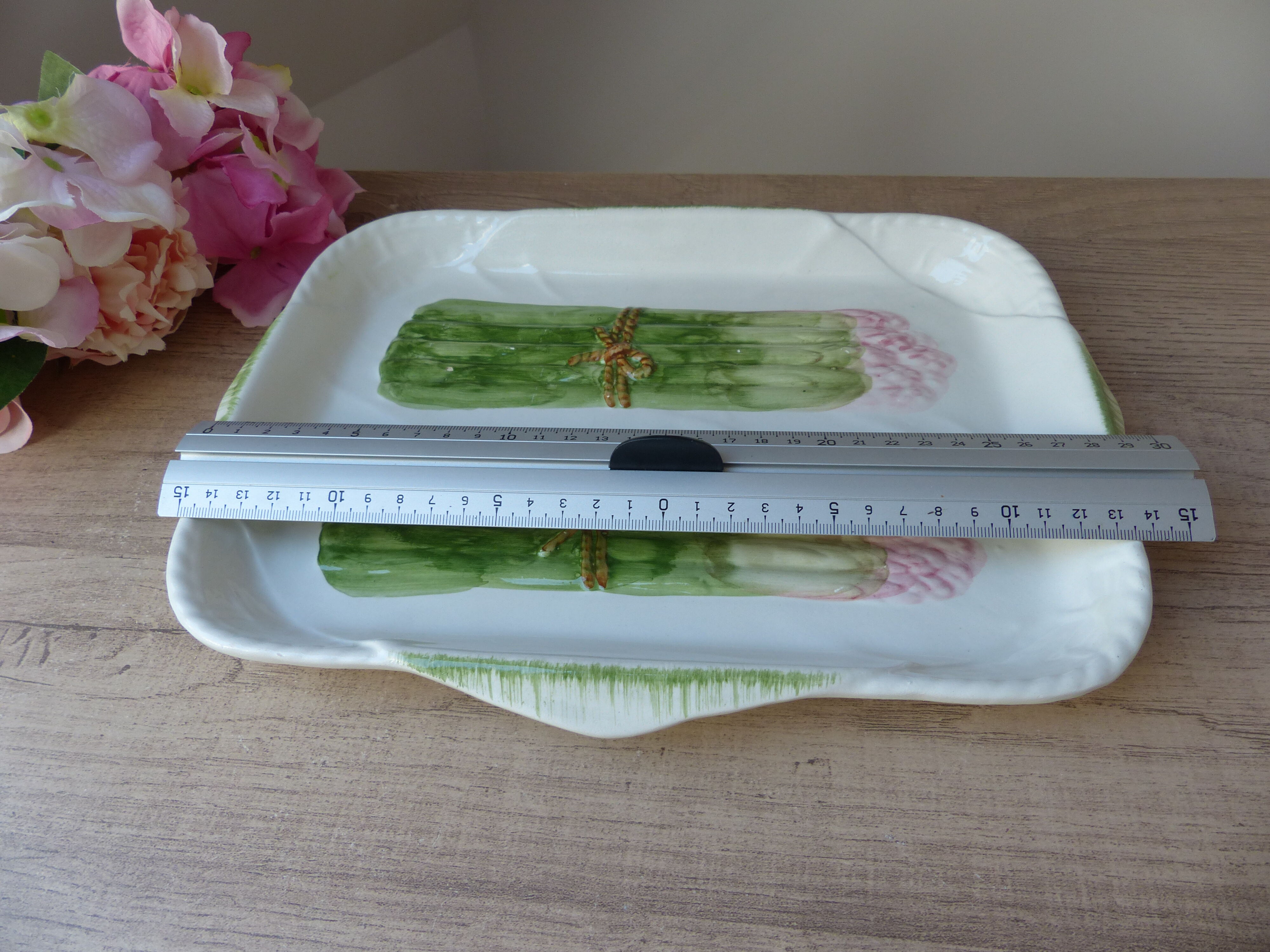 Antique asparagus dish - vintage slurry ceramic