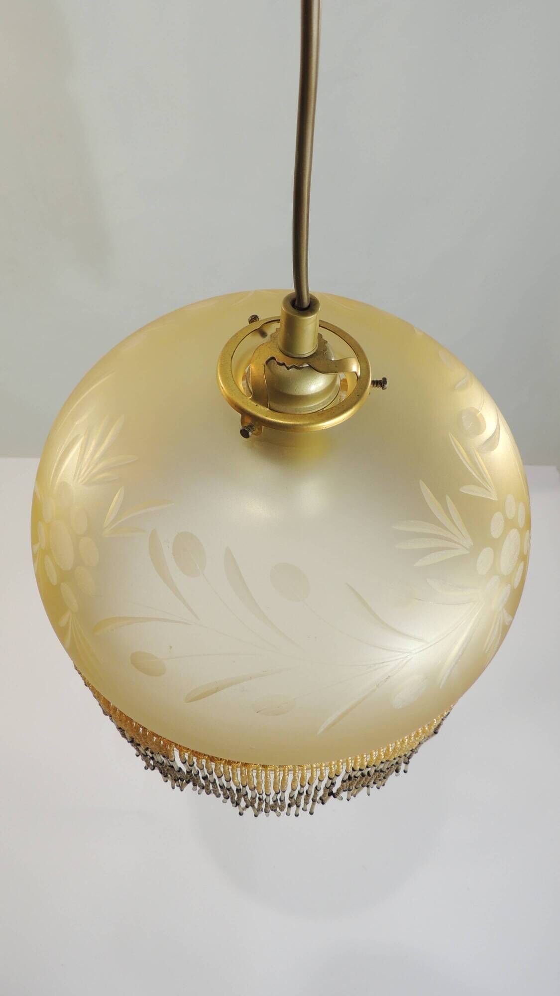 Vintage frosted glass pendant light with beaded fringes - Art Deco lamp