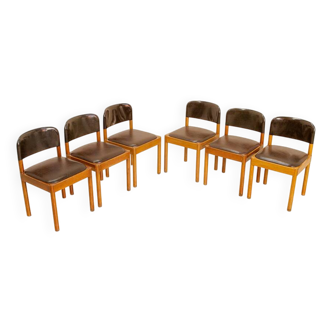 Set of 6 wooden and leather chairs by Piarotto Italy 80's