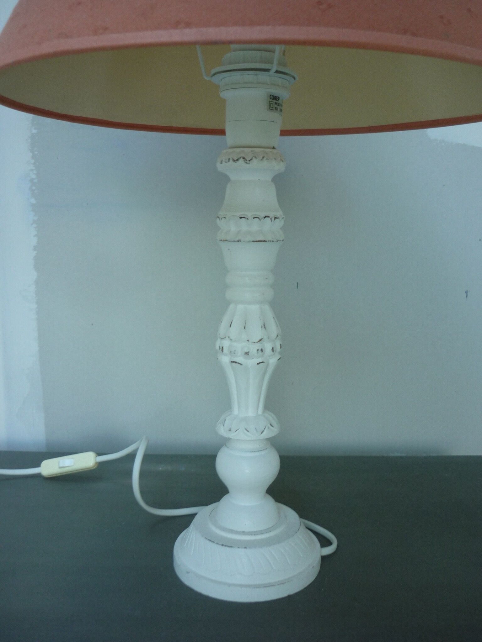 White wooden lamp and brick lampshade