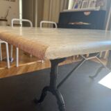 Table travertin bords arrondis 180x100, pied fer forgé 70cm