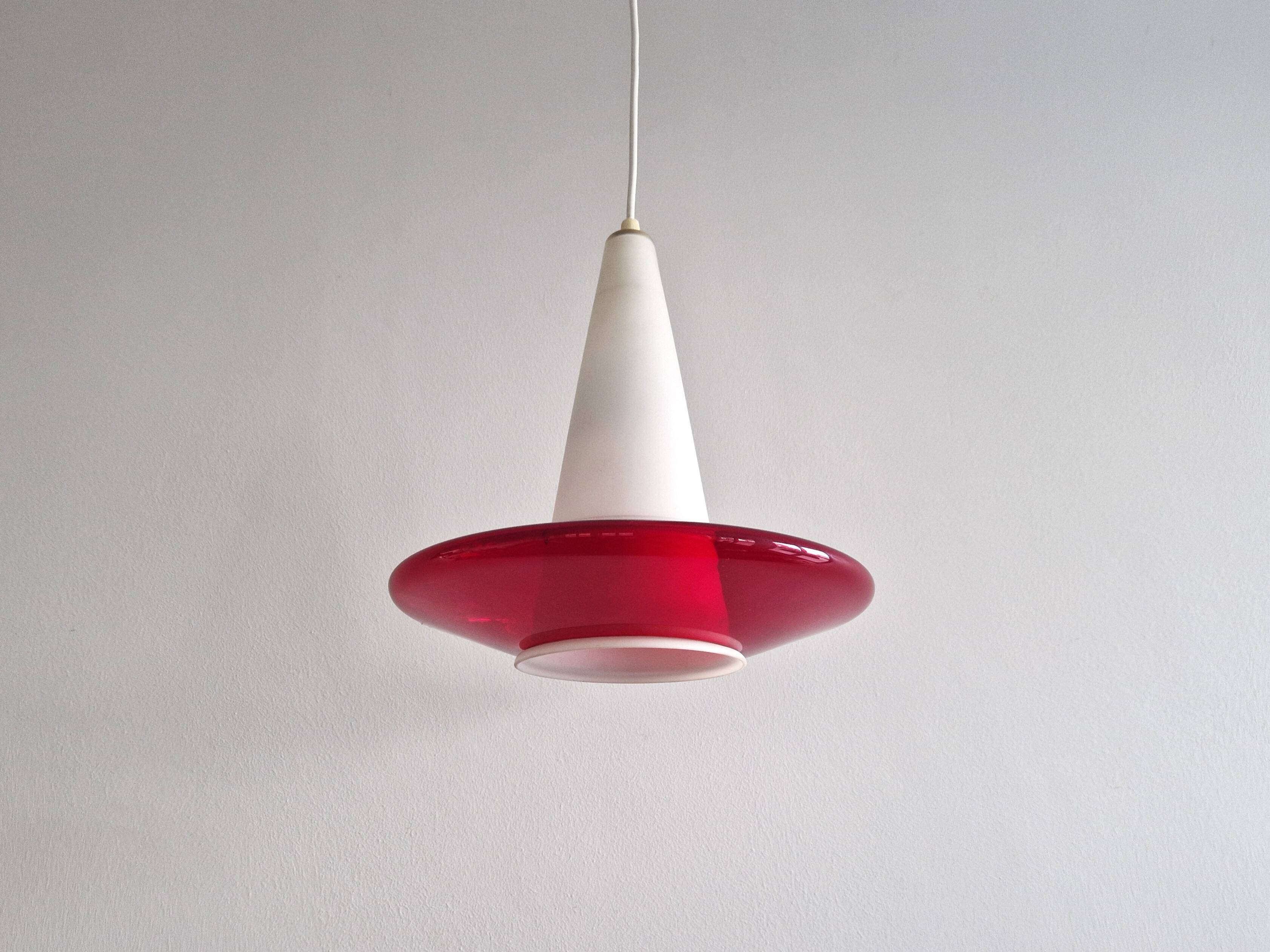 Red and opaline glass pendant lamp, 1960's