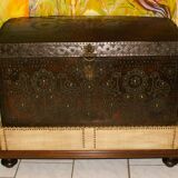 17th century studded leather travel trunk, richly decorated