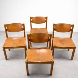 Set of 4 chairs from the 1960s in elm and patinated leather.