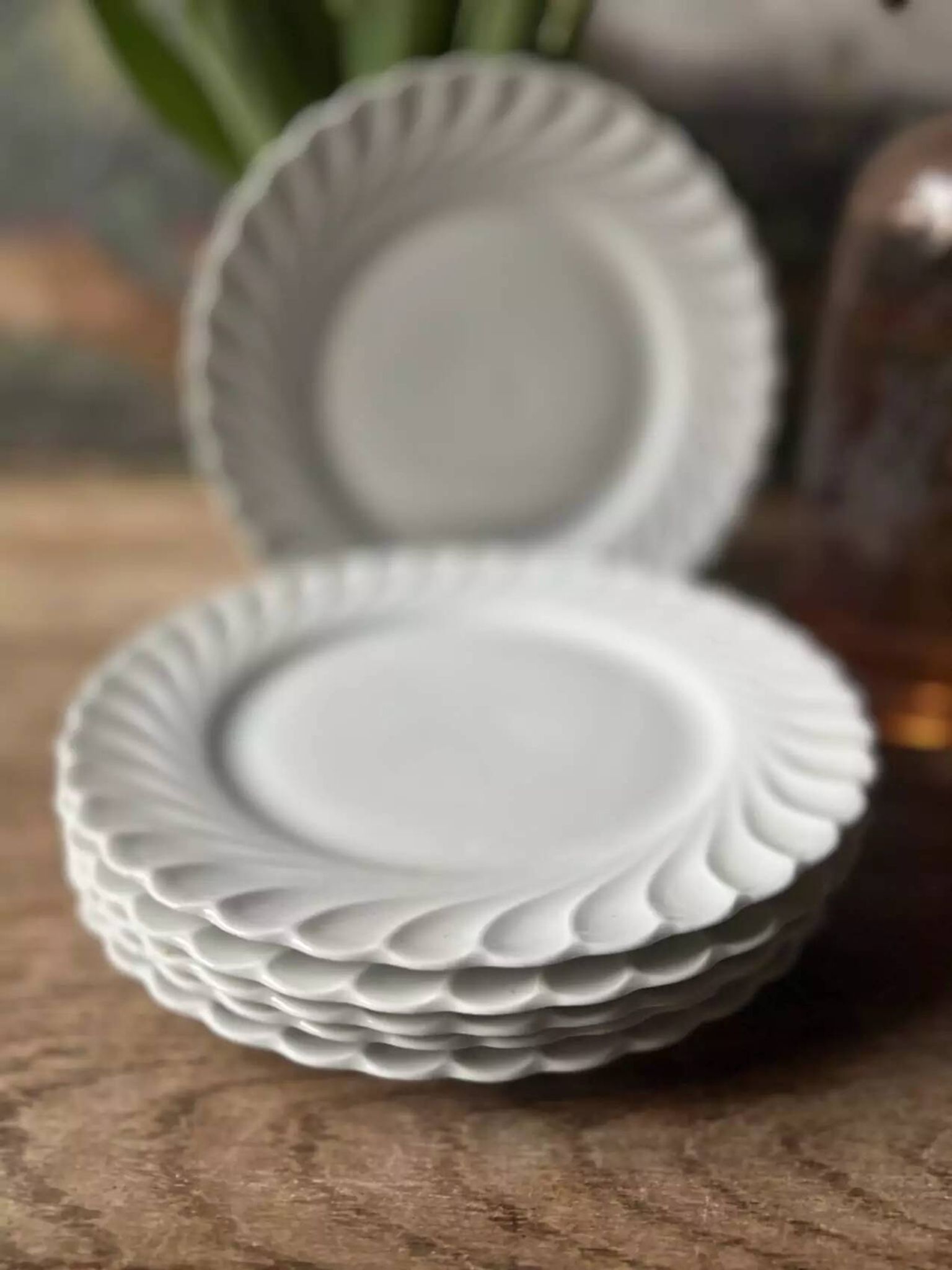 Set of 6 antique twisted white porcelain plates, a beautiful timeless classic.