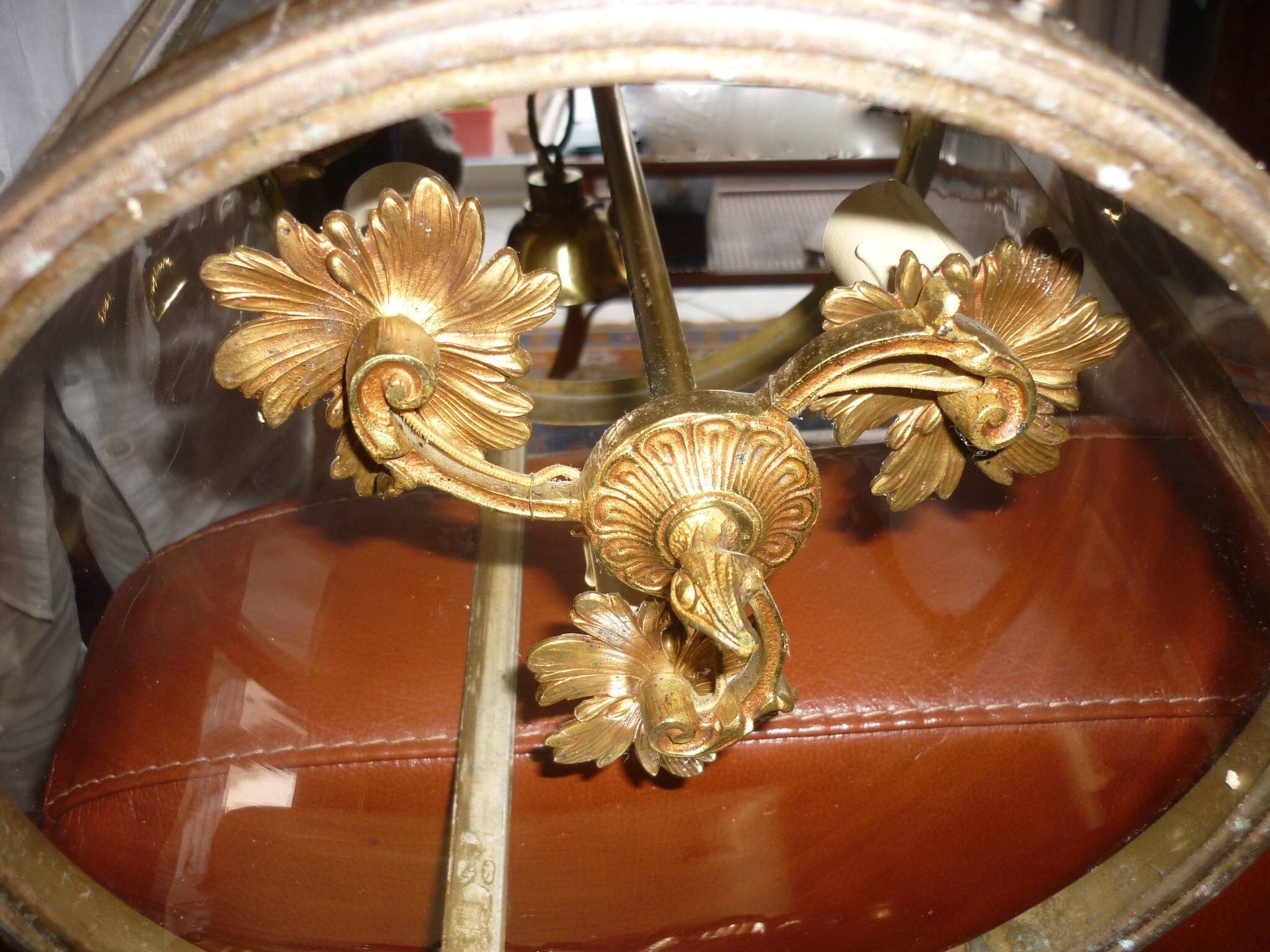 Antique glass and brass lantern pendant light, 3 lights