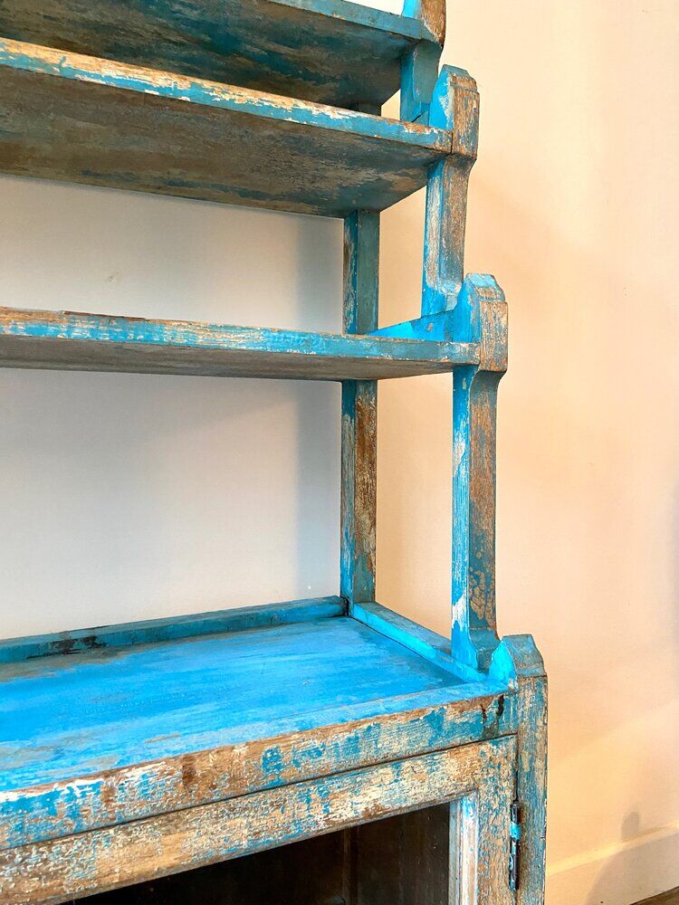 Sideboard 4 shelves and 2 glass doors in blue wood