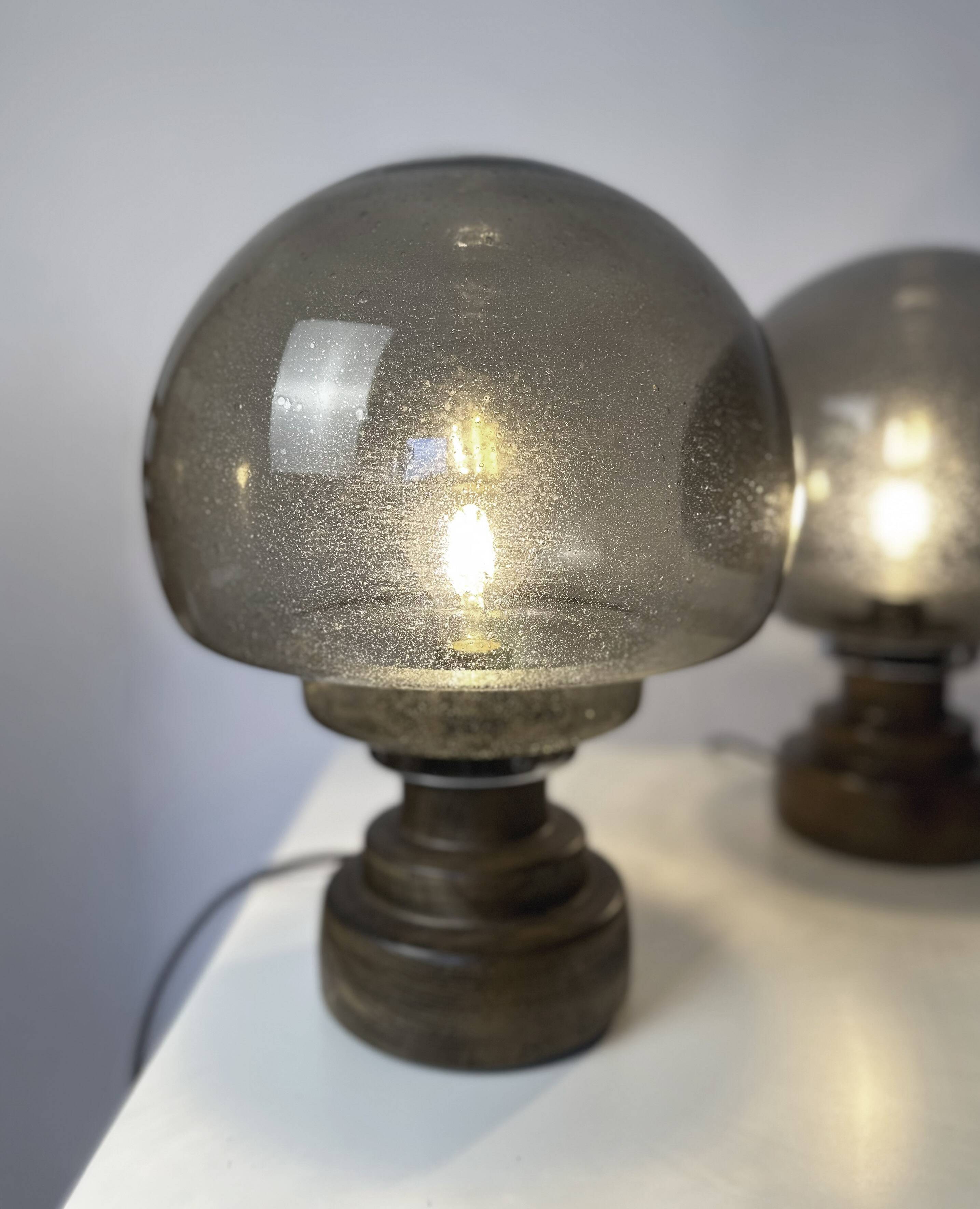 Set of 2 vintage Italian brutalist mushroom table lamps in smoked glass