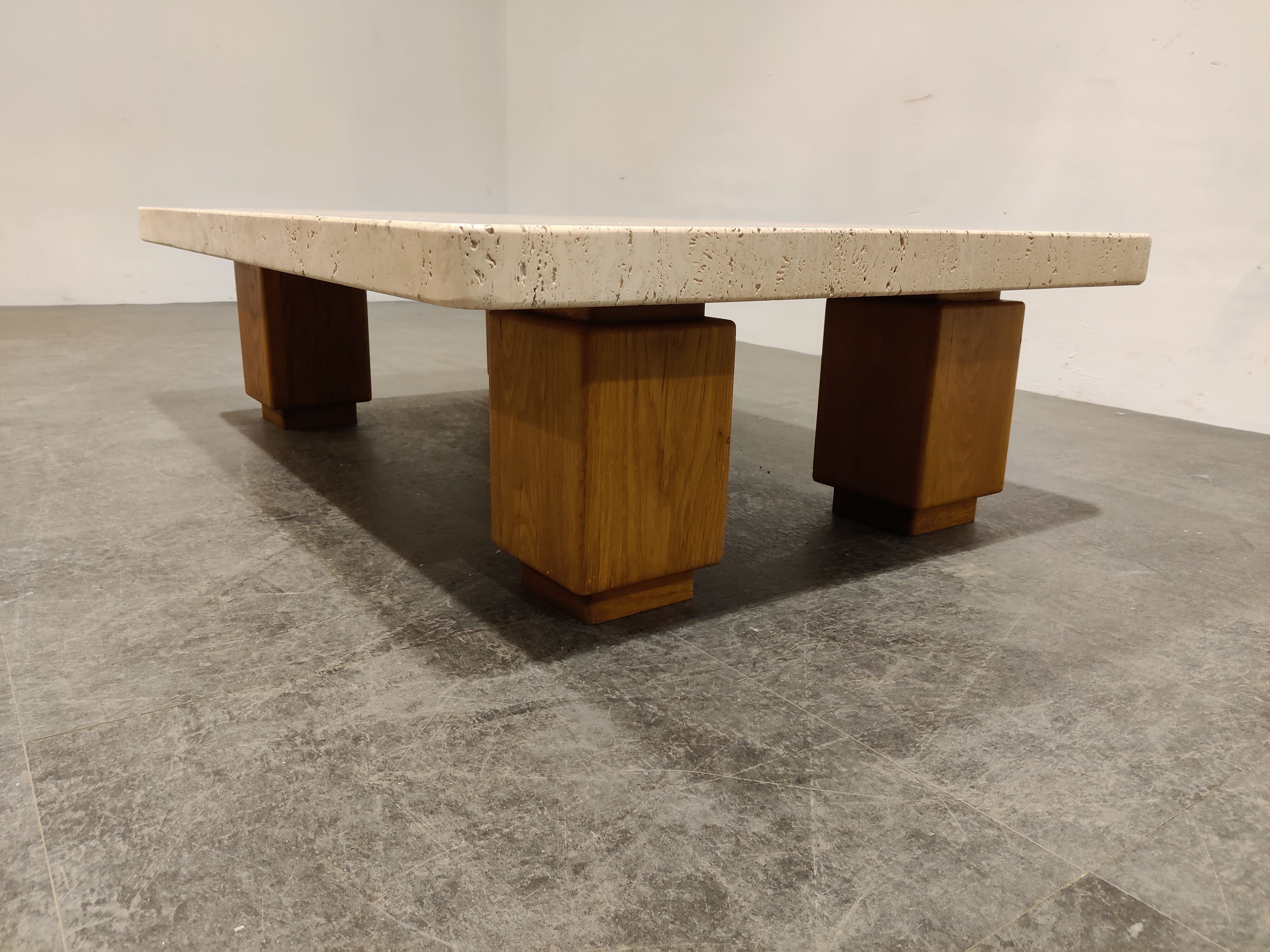 Vintage travertine and wooden coffee table, 1970s