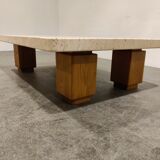 Vintage travertine and wooden coffee table, 1970s
