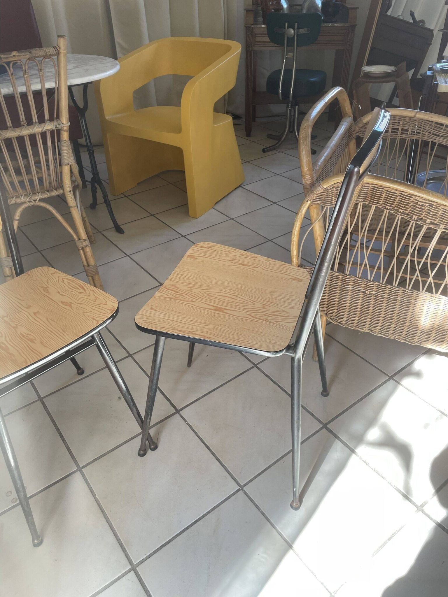 Pair of Formica chairs with a wood effect