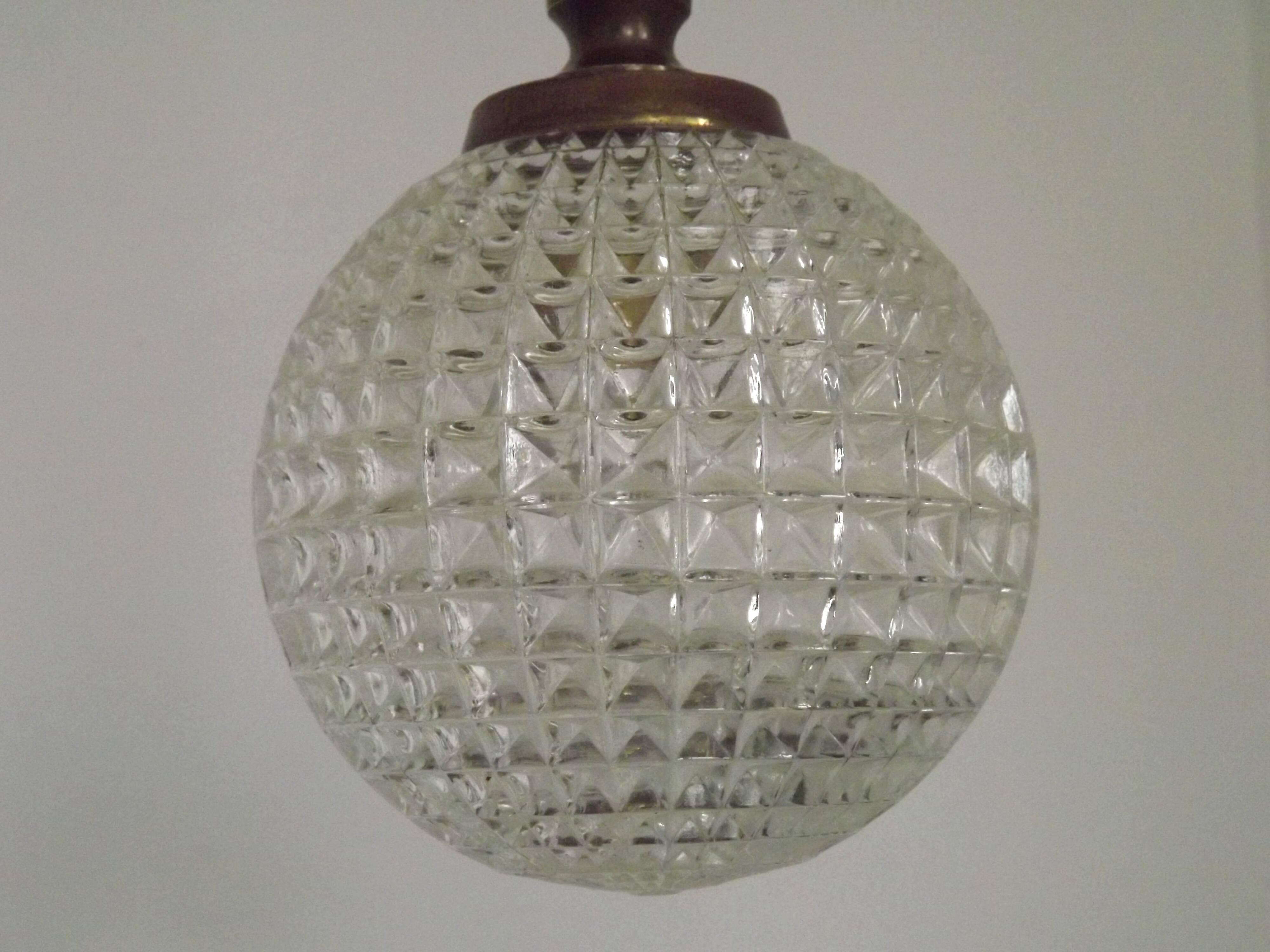 French Vintage Molded Glass & Brass Pendant Light 1970s Globe Hanging Lamp