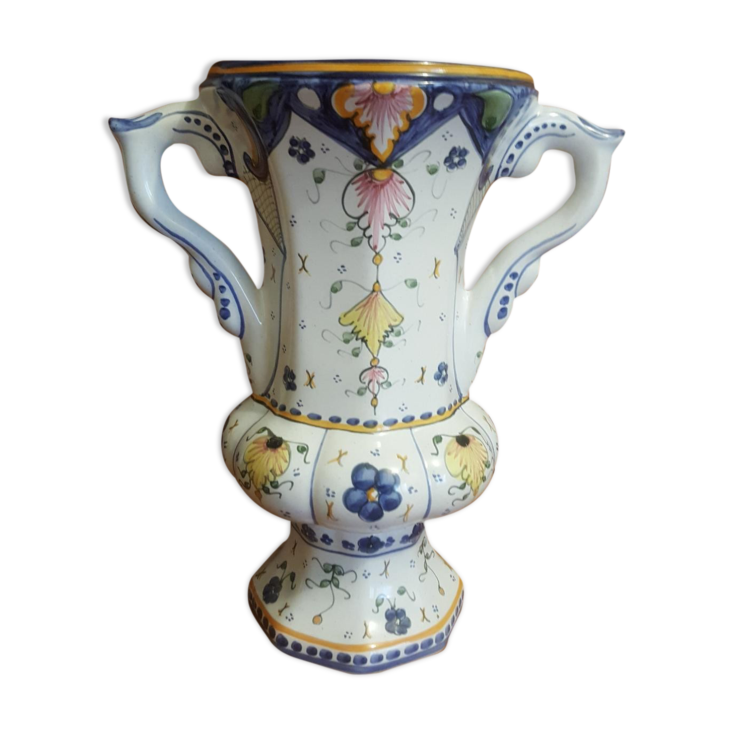 Medici vase in old Rouen earthenware signed R Tion handmade