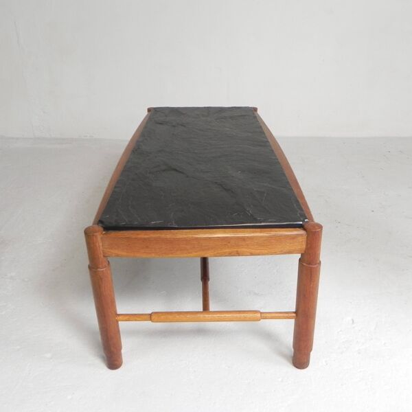 Table basse vintage en chêne avec plateau en ardoise dans un cadre en chêne, années 1960