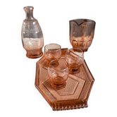 Carafe, glasses and tray in pink glass